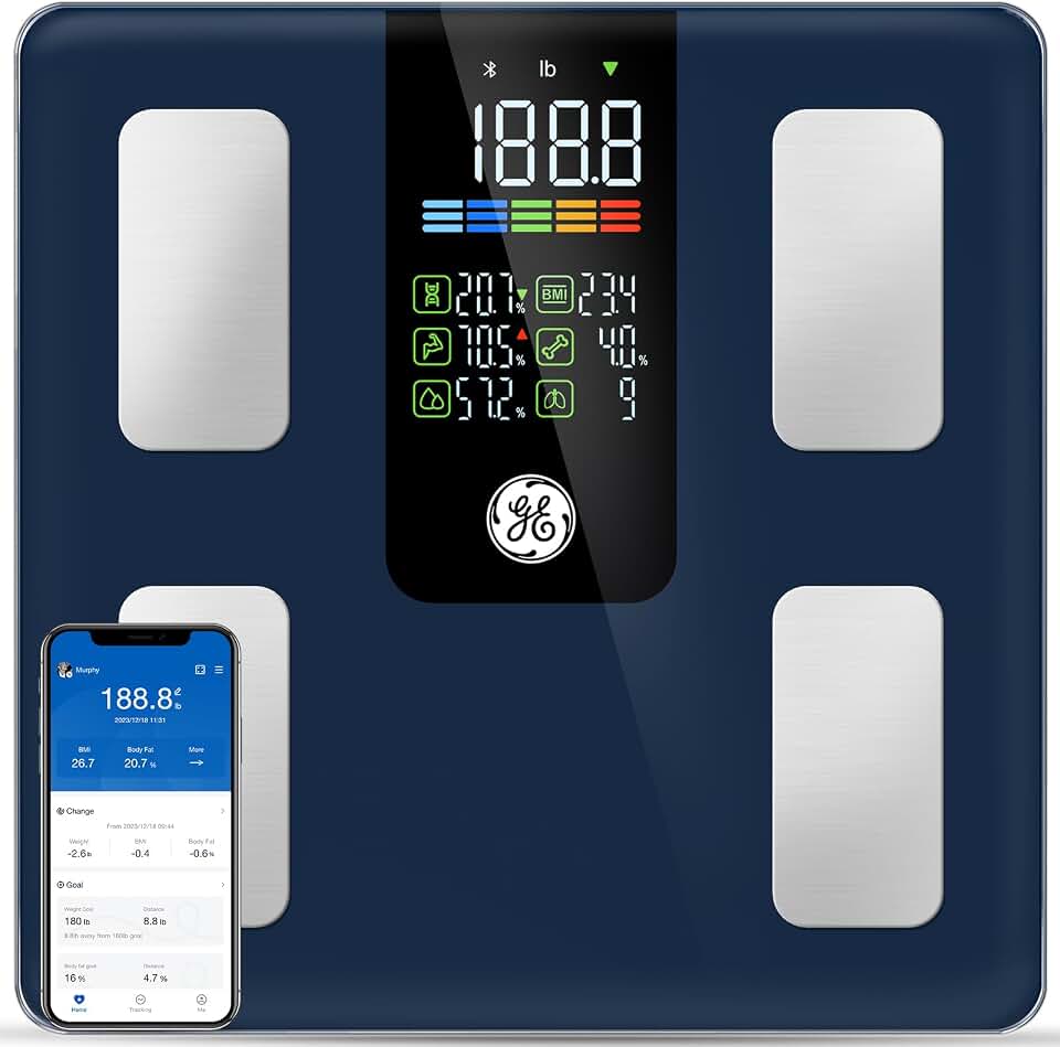 GE Smart Scale for Body Composition, Weight, BMI, 500lb, Large 11.8-Inch | Body Fat Scale with Muscle Mass, Digital Bathroom Weighing Health Monitor, FSA Eligible HSA, Bluetooth App Sync, Dark Blue ClimeCo Certified