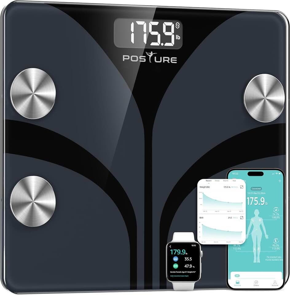 Posture Scale for Body Weight, Digital Bathroom Smart Scale, 13 Body Composition Analyzer Sync Weight Scale BMI Health Monitor Sync Apps 400lbs - Black Global Recycled Standard
