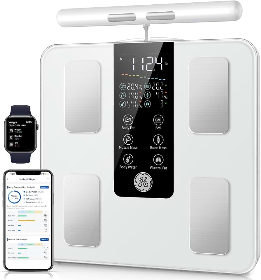 GE Smart Scale for Body Weight: Full Body Composition Analyzer, 50+ Metrics | 8-Electrode Digital Bathroom Scale for Body Weight Fat BMI Muscle Mass Bluetooth, Accurate Weighing Machine 400lb, White