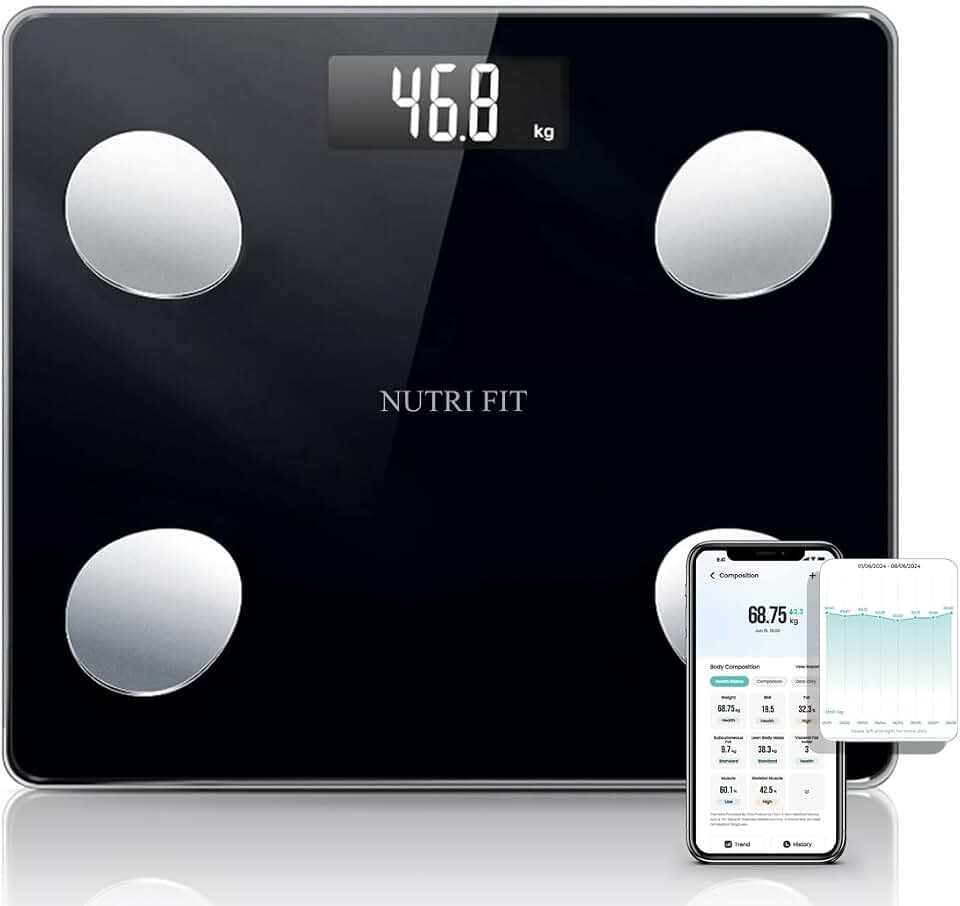 NUTRI FIT Digital Smart Scale for Body Weight Composition Analyzer Sync App | Bluetooth Sync, Backlit Display, Max 330lb, 0.2lb Precision, Health Monitor, Baby Mode, Bathroom Scale for BMI Fat Muscle