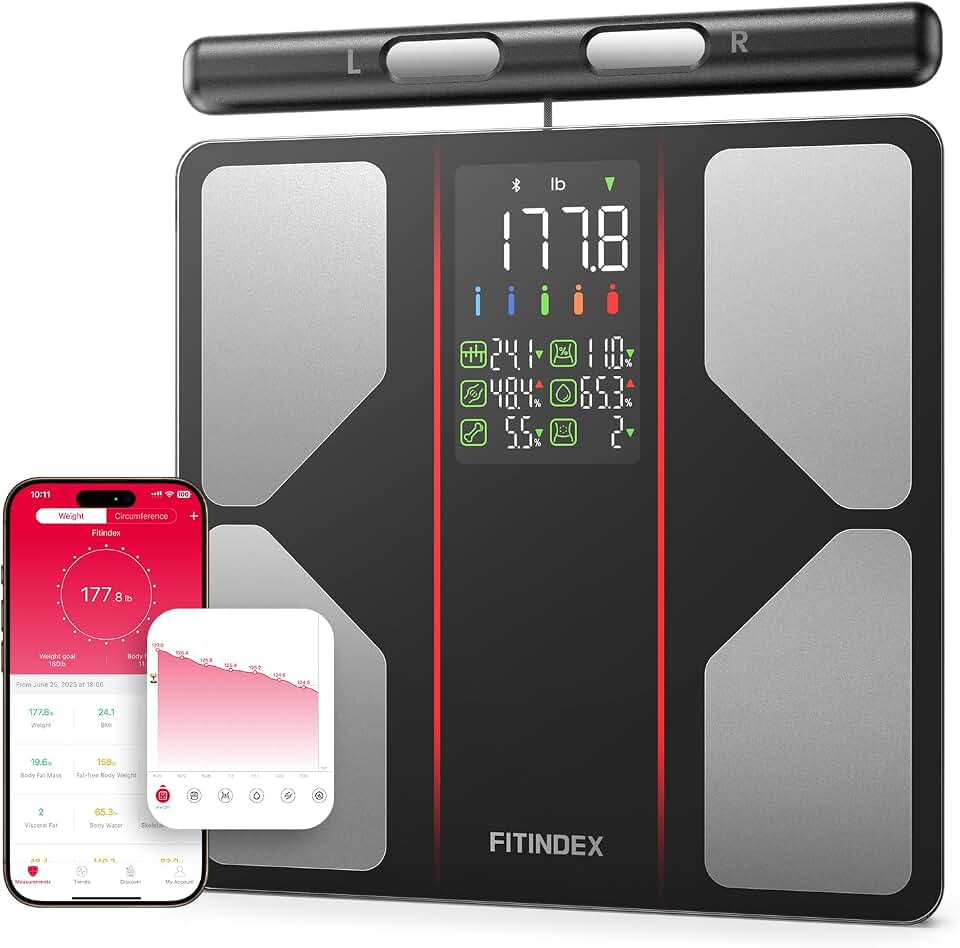 FITINDEX Smart Body Composition Scale with Handle, 8-Electrode, 50+ Metrics | Smart Scale for Body Weight, Digital Scale with BMI, Fat, Muscle Mass, Segmental Muscle Analysis, FSA Eligible HSA Global Recycled Standard