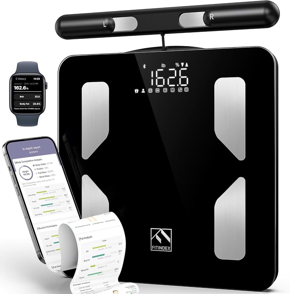 FITINDEX Body Pod Smart Scale, 8-Electrode, BMI &amp; Body Fat, Large Platform | Body Composition Analyzer with Handle, Digital Bathroom Scale for Segmental Fat &amp; Muscle Mass Tracking, Home Use, Black Global Recycled Standard