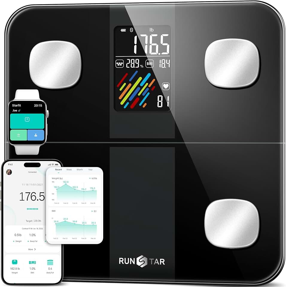 RunStar Smart Scale for Body Weight, High Accuracy Digital Bathroom Scale with Large Display for BMI Muscle Mass Heart Rate, 22 Body Composition Analyzer Sync with Fitness App, 400lb Global Recycled Standard