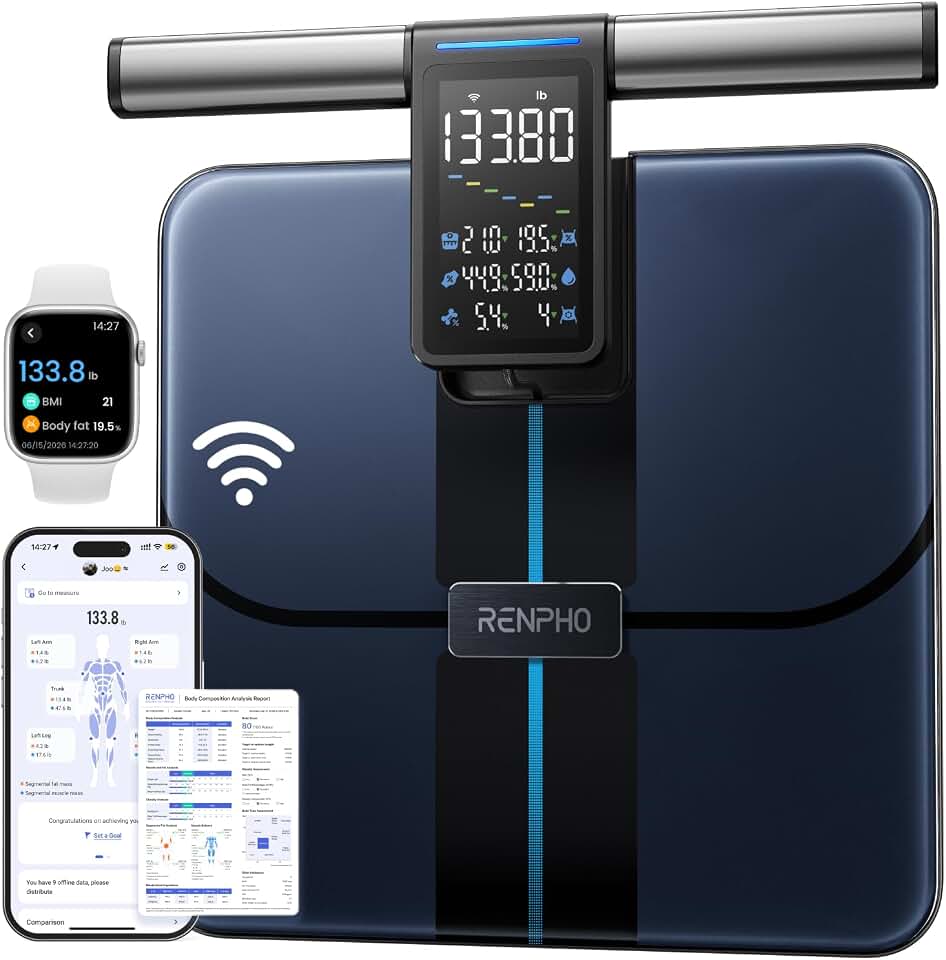 RENPHO Smart Scale with Large Handle Display, Wi-Fi &amp; Wireless Connection | Body Composition Scale with BMI, Body Fat, Muscle Mass, 8 Electrodes, 50+ Metrics, Home Use, MorphoScan Aspire Global Recycled Standard