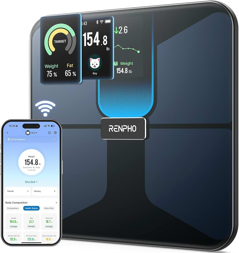 RENPHO Elis Evo Smart Scale, Wi-Fi &amp; Bluetooth, Rechargeable, Body Fat | Weighing Scale for BMI, Muscle Mass, Body Weight, 13 Body Composition Metrics, Syncs with Fitness Apps, High Accuracy Global Recycled Standard