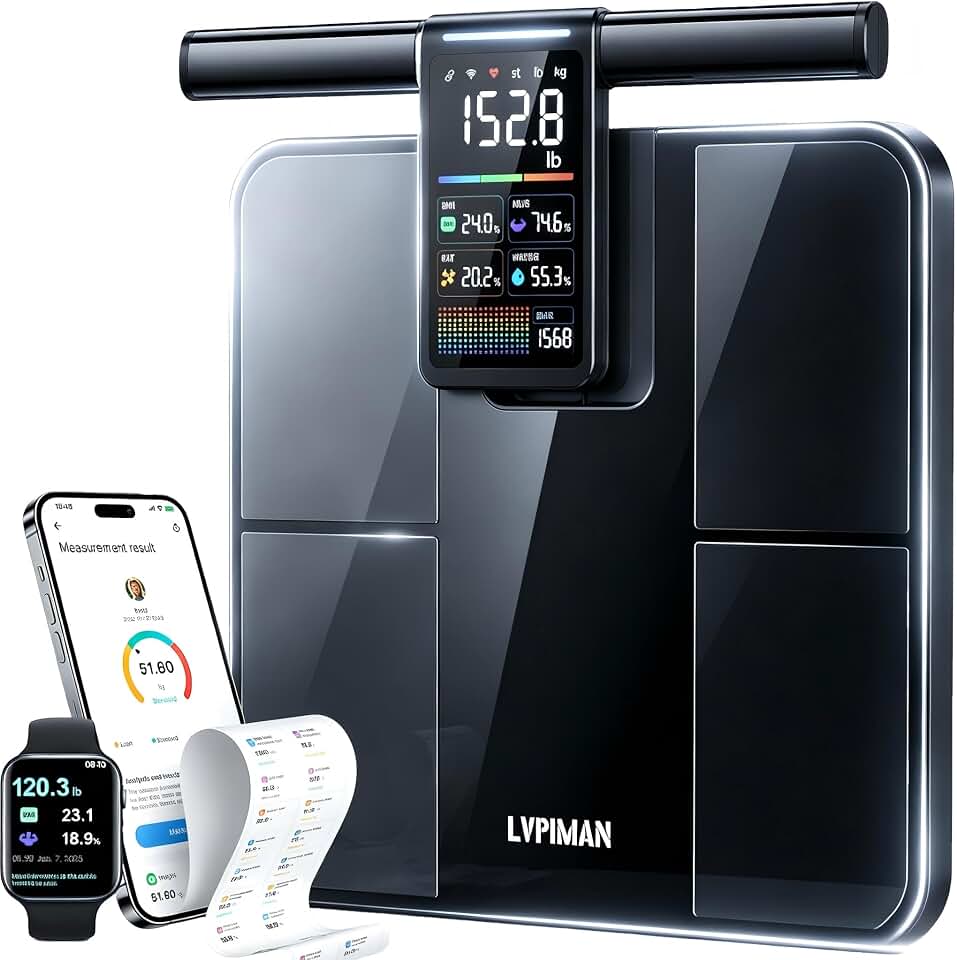 Smart Body Composition Scale for Body Weight, BMI, Body Fat &amp; Muscle Mass, 8-Electrode BIA, 57 Metrics, 485 lb, 5.25" Color Display, Retractable Handle, WiFi &amp; Bluetooth