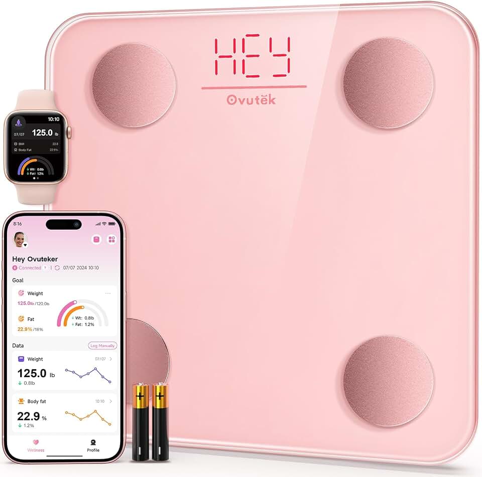 Ovutek Smart Scale for Body Weight Digital Bathroom Scale with BMI Body Fat | Accurate Body Composition Muscle Mass Scale for Home Families Women Weight Loss Tracking Health Compact Size 400lb Pink