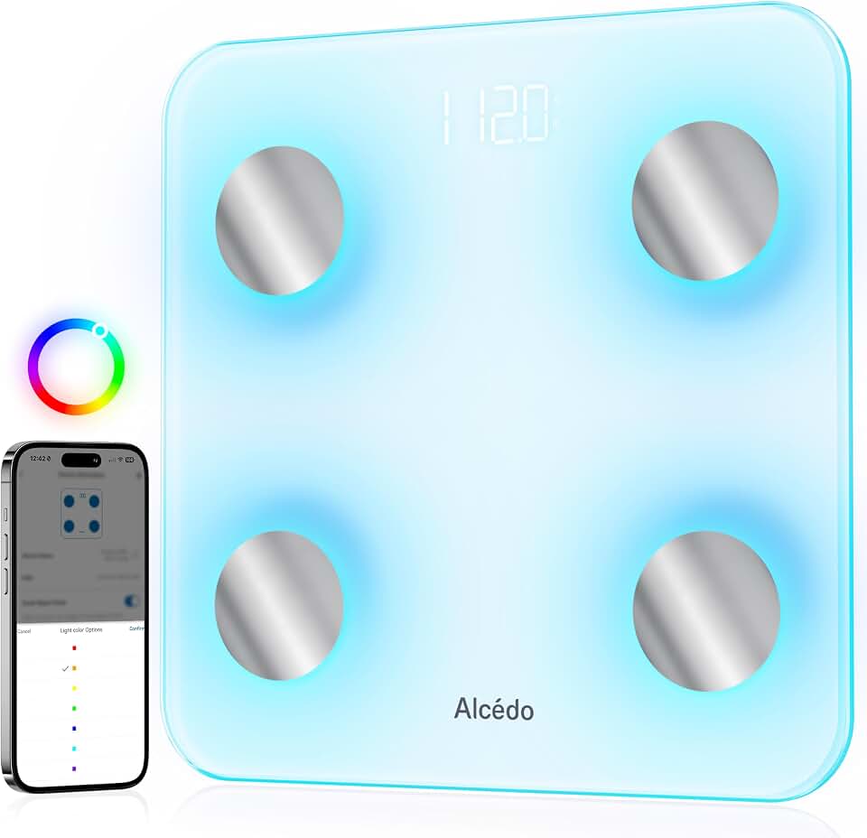 Alcedo Smart Body Fat Scale, Color-Changing Scale, Bluetooth, White | Digital Scale with BMI, Fat Percentage, Muscle Mass, Color-Changing with Weight Variation, Sync with App, 400lb Capacity