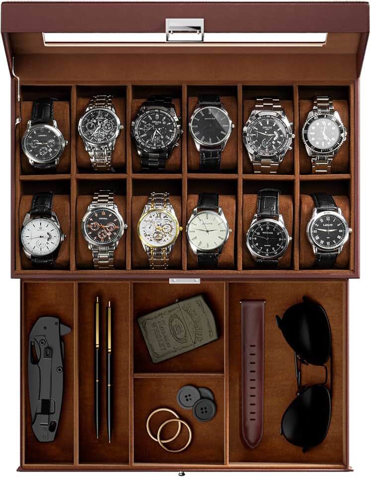 ProCase ProCase Watch Box, 12 Slot Watch Case for Men with Drawer, Espresso | 2-Layer Watches Display Case with Glass Lid, Mens Jewelry Box Storage Holder Organizer, Anniversary Christmas Birthday Gift