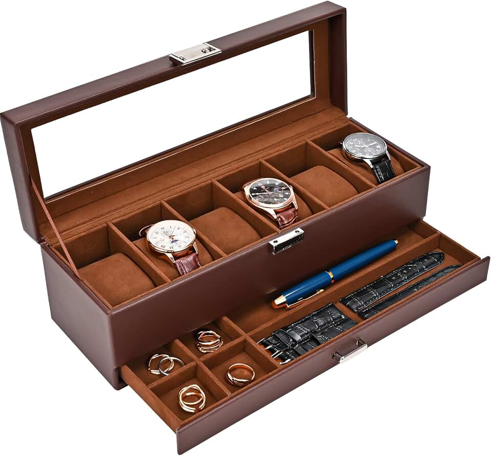 ProCase ProCase Watch Box, 6 Slot Watch Display Case with Drawer -Espresso | Mens Watches Case with Glass Lid, 2-Layer Mens Jewelry Organizer Storage Holder, Christmas Anniversary Birthday Gifts for Men