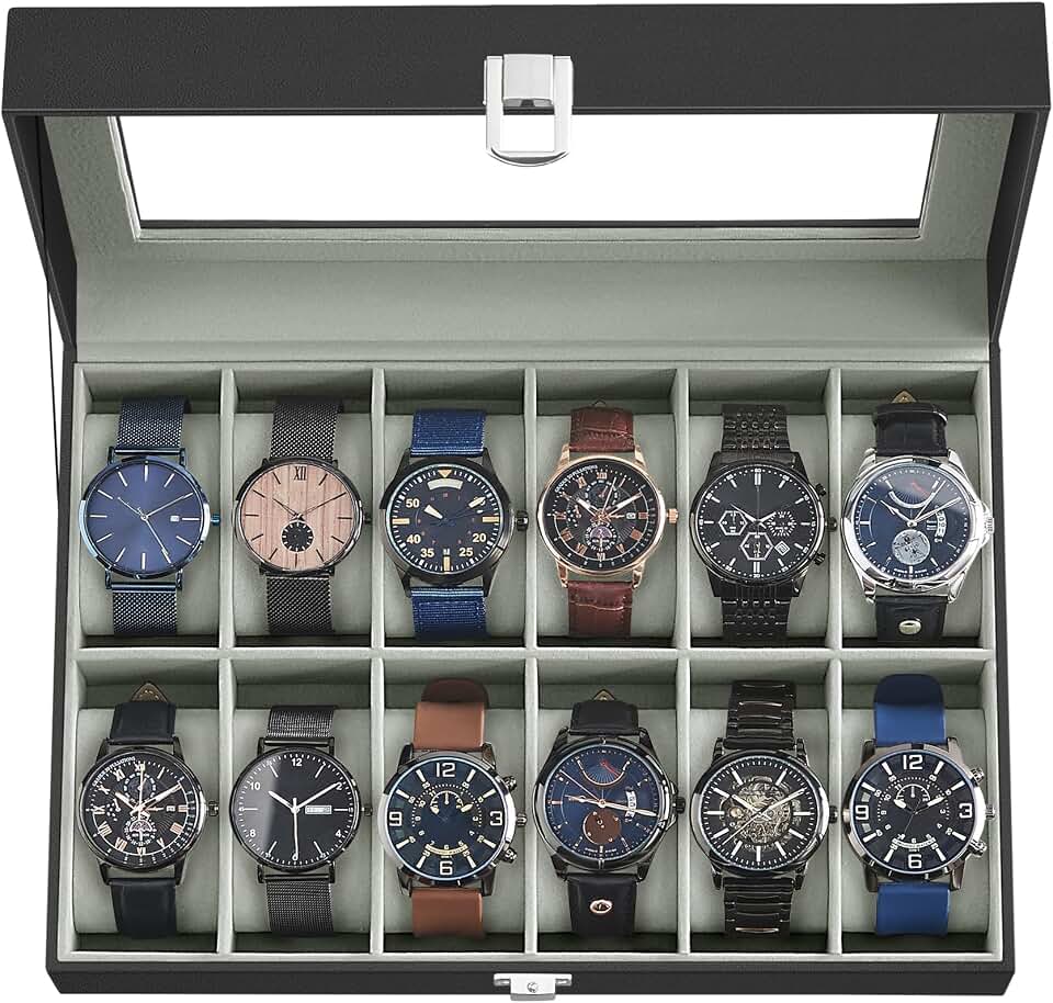 SONGMICS SONGMICS Watch Box, 12-Slot Watch Case Organizer with Large Glass Lid, Removable Pillows, Gift for Loved Ones, Black Synthetic Leather, Gray Lining UJWB12BK