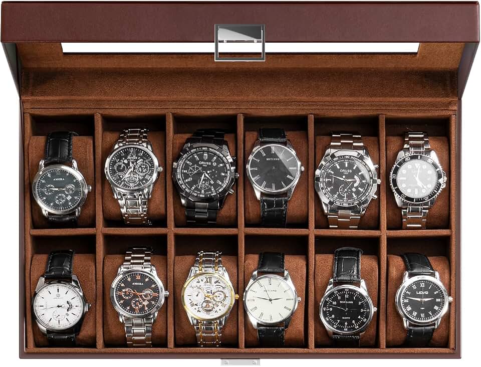 ProCase ProCase Watch Box Organizer, 12 Slot Watch Display Case, Brown | Watches Storage Boxes Holder for Men Women, Large Glass Lid, Removable Pillows, Anniversary Christmas Birthday Gifts