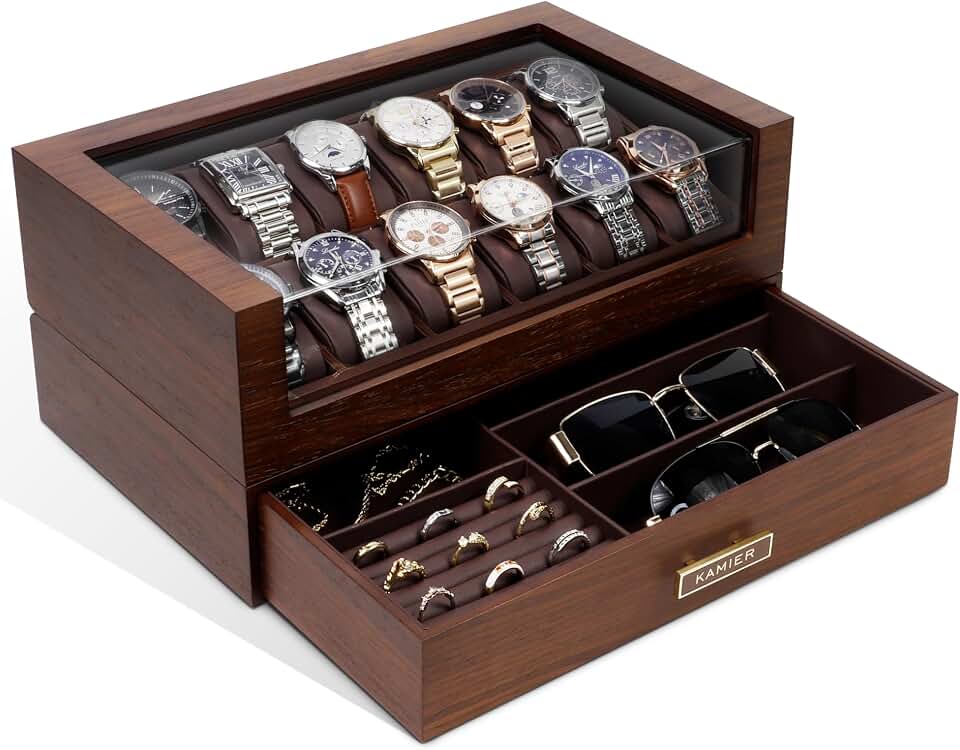 KAMIER KAMIER High End Watch Box for Men, 12 Slot Wooden Watch Case With Drawer | Watch Display Box with Lid, 2-Layer Watch Holder for Jewelry and Watch Storage for Men Women , Ideal for Gift (With Gift Box)