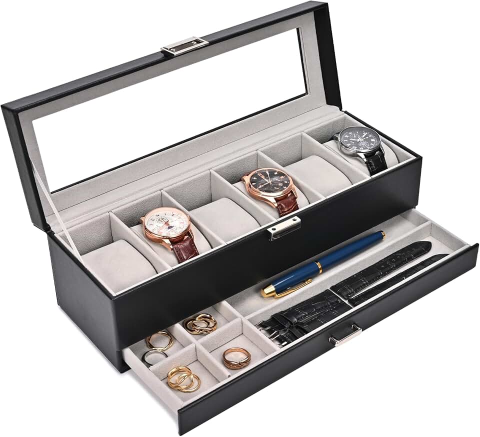ProCase ProCase Watch Box, 6 Slot Watch Display Case with Drawer -Black | Mens Watches Case with Glass Lid, 2-Layer Mens Jewelry Organizer Storage Holder, Christmas Anniversary Birthday Gifts for Men