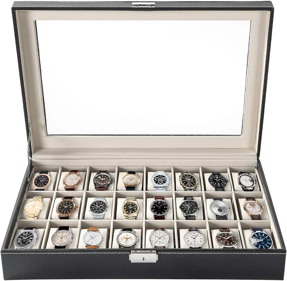 FLKQC 24 Slots Watch Box, Watch Display Organizer for Men Women | Loackable with Keys, Visible Glass Top, PU Leather Display Storage Collection, Watch Case with Removable Pillows, Modern