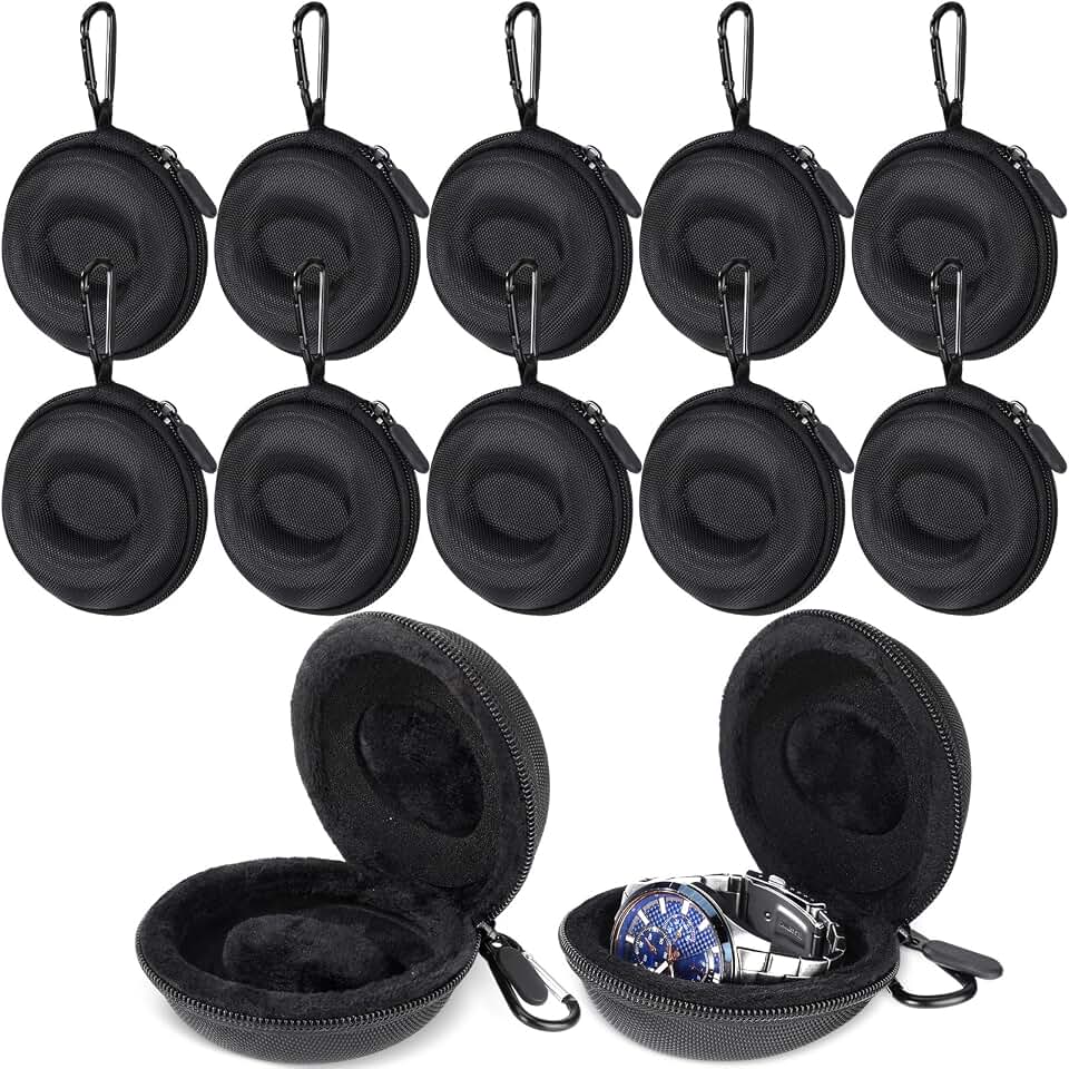 Locmeo 12 Pack Watch Travel Case Bulk for Men Women Portable Single Watch Box Organizer with D Ring Clip Fits up to 50mm(Black)