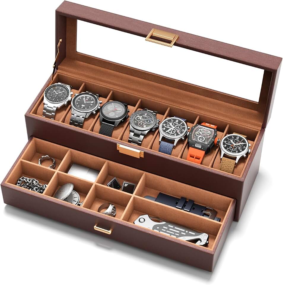 sensok Watch Cases Box for Men 7 Slots Display Case with Jewelry Bottom | Watches Storage Organizer 2 Layer Pu Leather Collection Holder Gift for Dad Husband with Real Glass Lid Brown