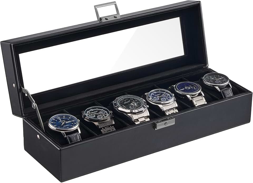 ProCase ProCase 6 Slots Watch Case Box for Men -AllBlack | PU Leather Man Watch Organizer, Soft Pillow, Lockable Glass Display Lid, Storage Holder for Watch Collection
