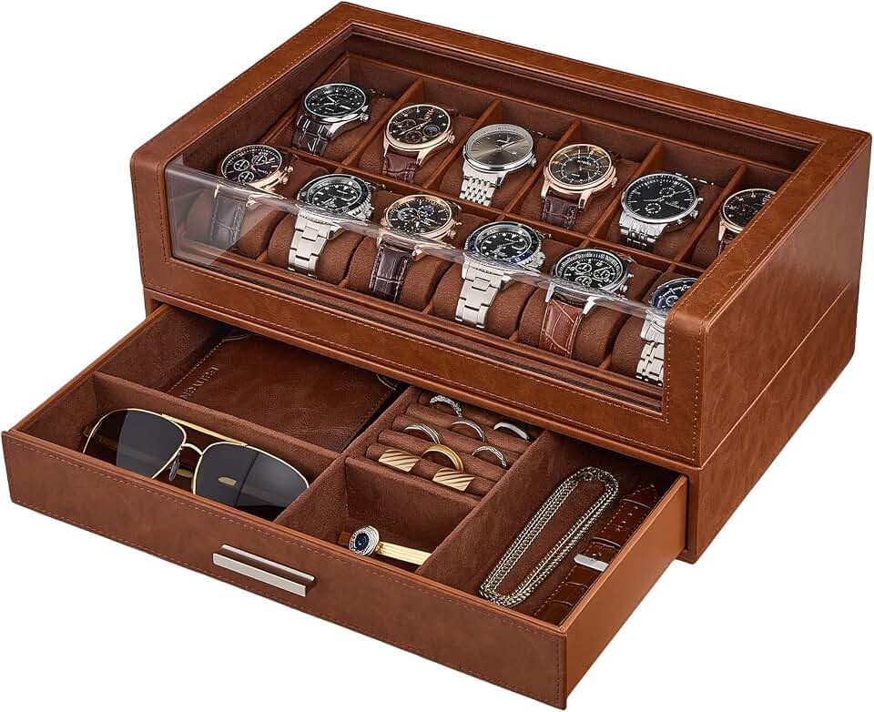 ProCase ProCase Watch Box for Men, 12 Slots Watch Display Holder -Brown | Clear Acrylic Top, Large Capacity PU Leather Case with Drawer Organizer, Jewelry Storage, Ideal Gift for Men Women