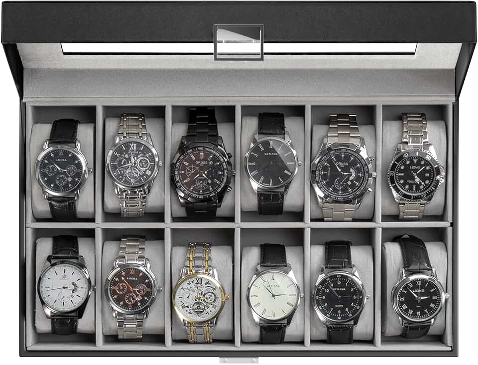 ProCase ProCase Watch Box Organizer, 12 Slot Watch Display Case, Black | Watches Storage Boxes Holder for Men Women, Large Glass Lid, Removable Pillows, Anniversary Christmas Birthday Gifts
