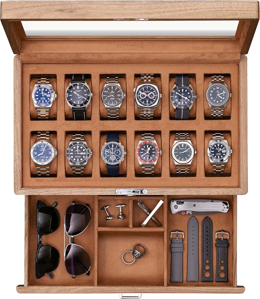 ROTHWELL ROTHWELL 12-Slot Solid Walnut Watch Box with Valet Drawer - Premium Jewelry Display Case Organizer with Locking Glass Top and Microsuede Liner for Men &amp; Women (Tan Interior)