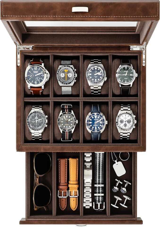 TAWBURY TAWBURY 8 Slot Watch Box with Storage Drawer – Premium Watch Storage Case for Men | 2.2-inch Wide Pillows Hold Small &amp; Ovesized Watches (Brown)