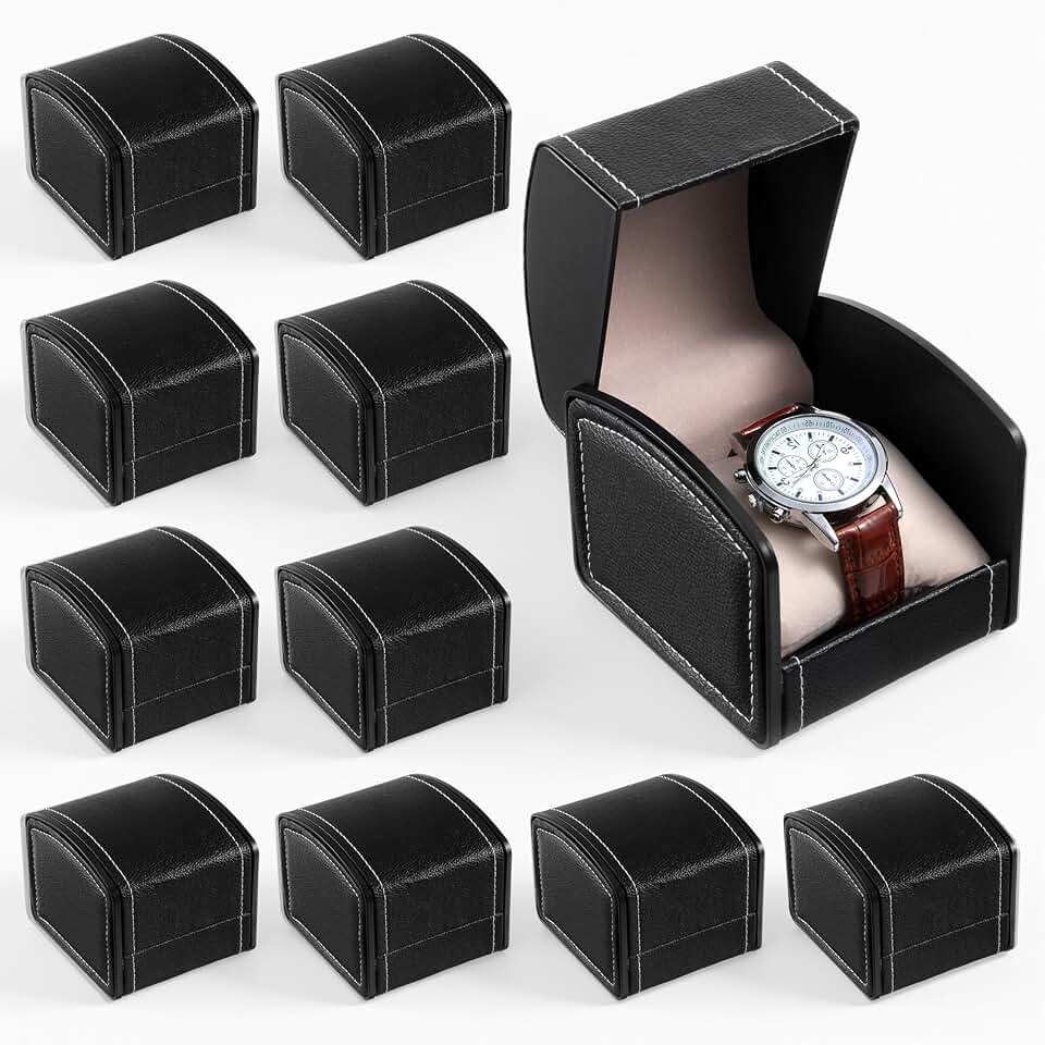 JOUTYFOR 10 Pack Single Watch Case with Removable Pillow Cushion, PU Leather Watch Travel Case, Black Wristwatch Display Holder Organizer for Women and Men (Black)