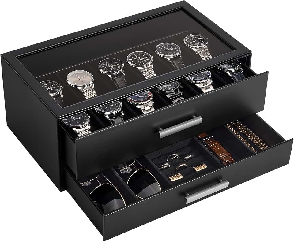 ProCase ProCase 12-Slot Watch Case for Men, 2-Tier Pull-Out Drawers Box -Black | Fathers Day Gift for Dad Men with Display Clear Top Lid, Jewelry Sunglasses Storage Organizer, Anniversary Birthday Gifts