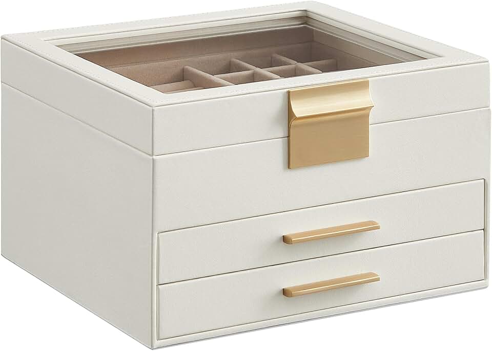 SONGMICS SONGMICS Jewelry Box Organizer, 3-Layer Storage with 2 Drawers, Glass Lid | Jewelry Organizer for Earrings, Modern Style, 8 x 9.1 x 5.3 Inches, Cloud White and Gold, GISELLA Collection UJBC239WT