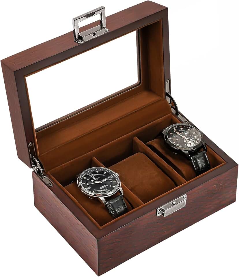 ProCase ProCase Wooden Watch Box, 3 Slot Mens Watch Display Case, Espresso | Wood Watches Holder Storage Organizer with Clear Lid, Anniversary Christmas Birthday Gift for Dad Friend Father Men Women