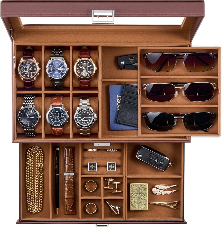 ProCase ProCase Mens Jewelry Box, 6 Slot Watch Box &amp; 3 Slot Sunglass Holder -Brown | 2-layer Lockable Sunglasses Jewelry Organizer Storage for Men, Watch Display Case with Drawer, Clear Lid, Father Gift