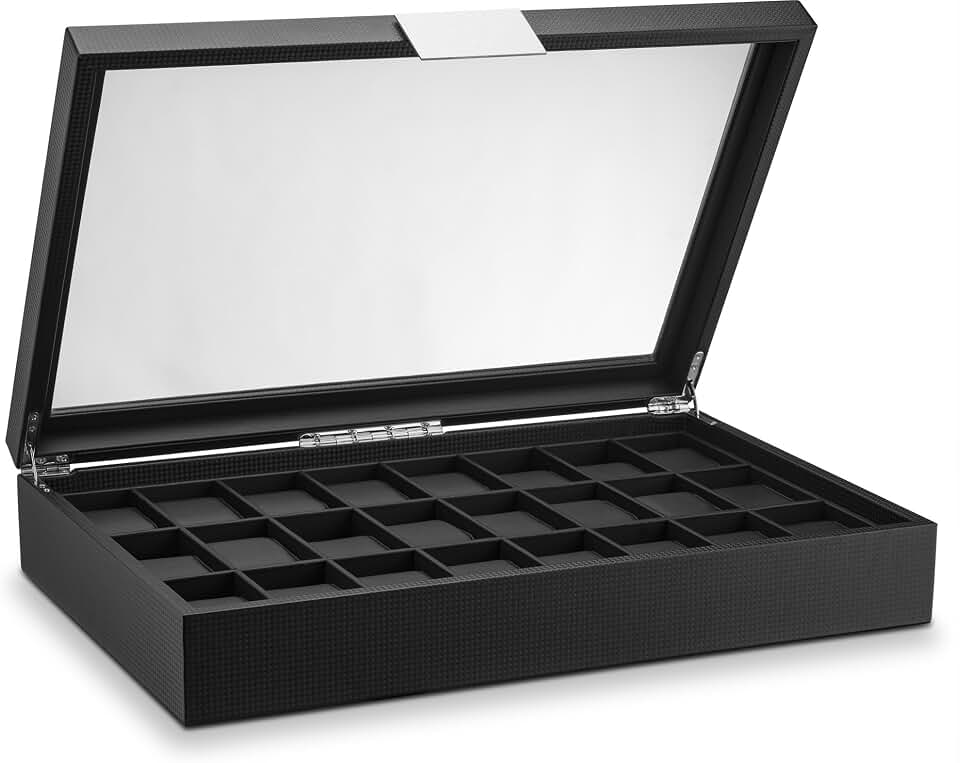 Glenor Glenor Co Watch Box for Men - 24 Slot Flat Luxury Display Case Organizer, Carbon Fiber Design for Mens Jewelry Watches, Men's Storage Holder Boasts Large Glass Top,Metal Buckle &amp; Leather Pillows-Black