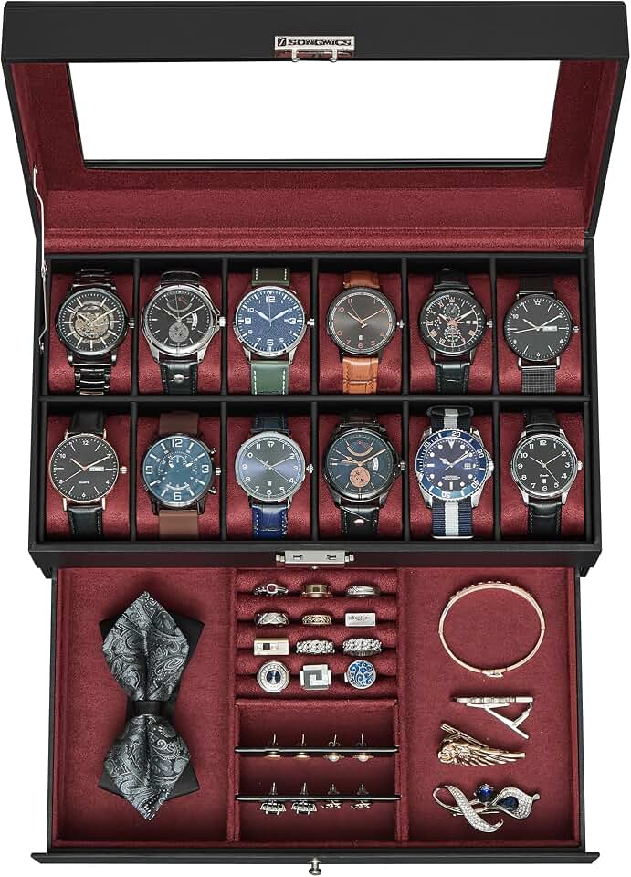 SONGMICS SONGMICS 12-Slot Watch Box, Lockable with Glass Lid, 2 Layers Watch Case | For Rings, Bracelets, Gift Idea, Black Synthetic Leather, Red Lining, BRIDIE Collection, UJWB012R01 The Forest Stewardship Council