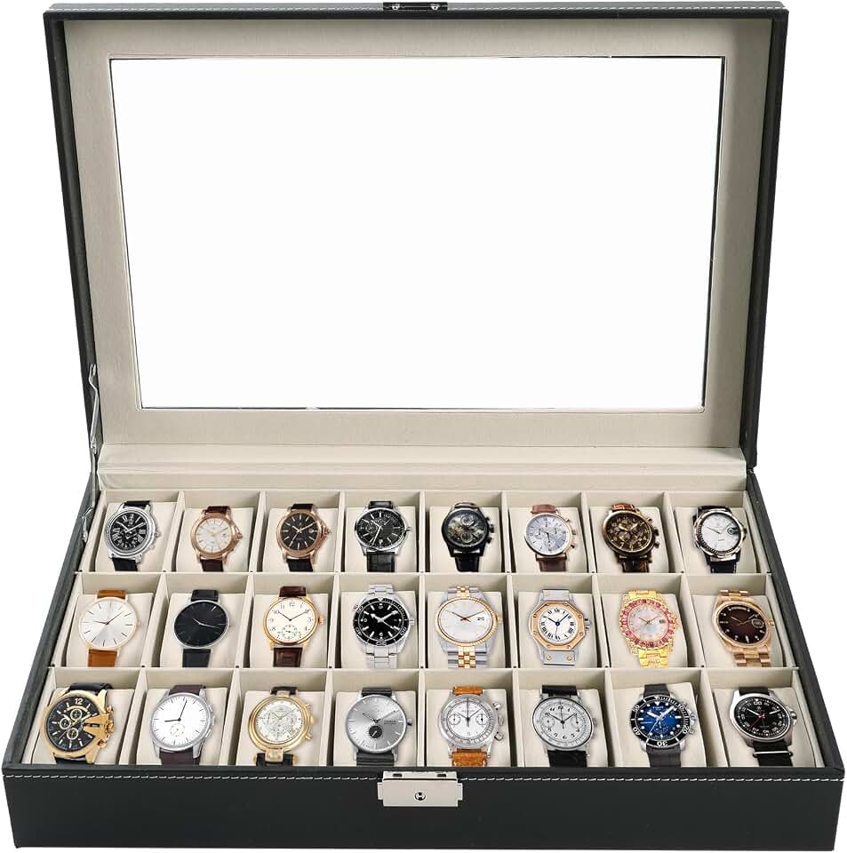 AMGSH Watch Box 24 Slots Watch Case | Elegant Portable Black Watch Collection Box Case jewelry Men &amp; Women