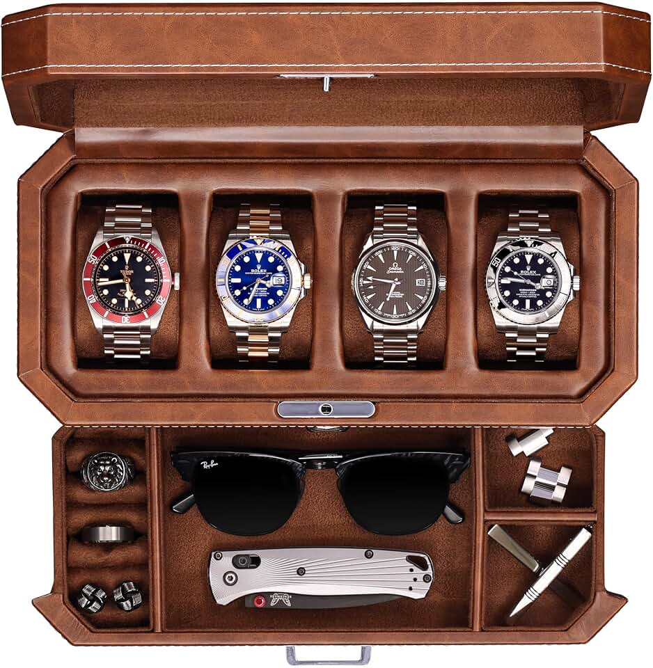 ROTHWELL ROTHWELL 4 Slot Leather Watch Box with Valet Drawer - Luxury Case Display Jewelry Organizer, Locking Display Case Holder with Real Glass Top - Watch Box Organizer for Men &amp; Women (Tan)