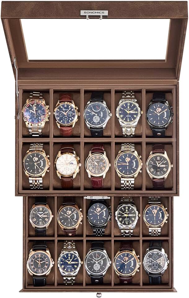 SONGMICS SONGMICS 20-Slot Watch Box, 2 Layers, Glass Lid, Lockable | Watch Case, Display Case, Tan, BRIDIE Collection UJWB020KZ02S