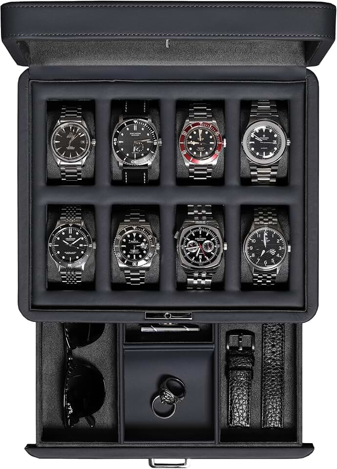ROTHWELL ROTHWELL 8 Slot Leather Watch Box with Valet Drawer - Luxury Case Display Jewelry Organizer, Locking Display Case Holder with Real Glass Top - Watch Box Organizer for Men &amp; Women (Carbon)
