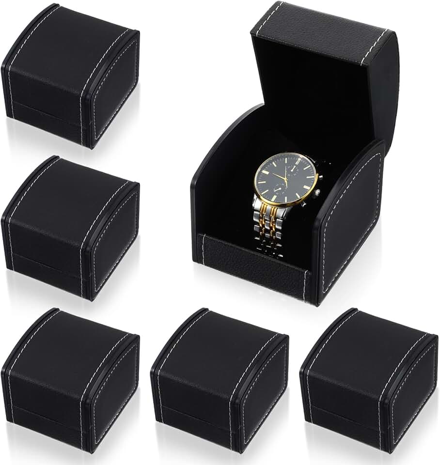 Limbeuuu 6 Packs Single Grid Watch Box with Pillow, PU Leather Gift Case for Bracelet, Jewelry Wristwatch Storage, Watch Display Holder for Men and Women, Single Watches Roll Organizer, Black