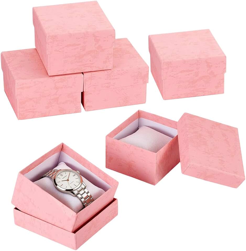 CREATCABIN CREATCABIN 6 Pack Kraft Cardboard Watch Box with Removable Pillow Square Bracelet Gift Box Small Jewelry Organizer Storage Gift Boxes for Women Men Bangle Wrist Watch Packaging Pink 3.4x3.3x2.2in