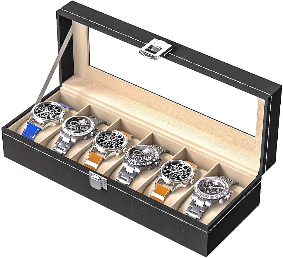 Ausalivan Watch Display Case For Men,Leather Watch Organizer Box,Watch Travel Organizer Tray,Watch Collection Storge Holder For Women (Black Leather, 6 Slots)