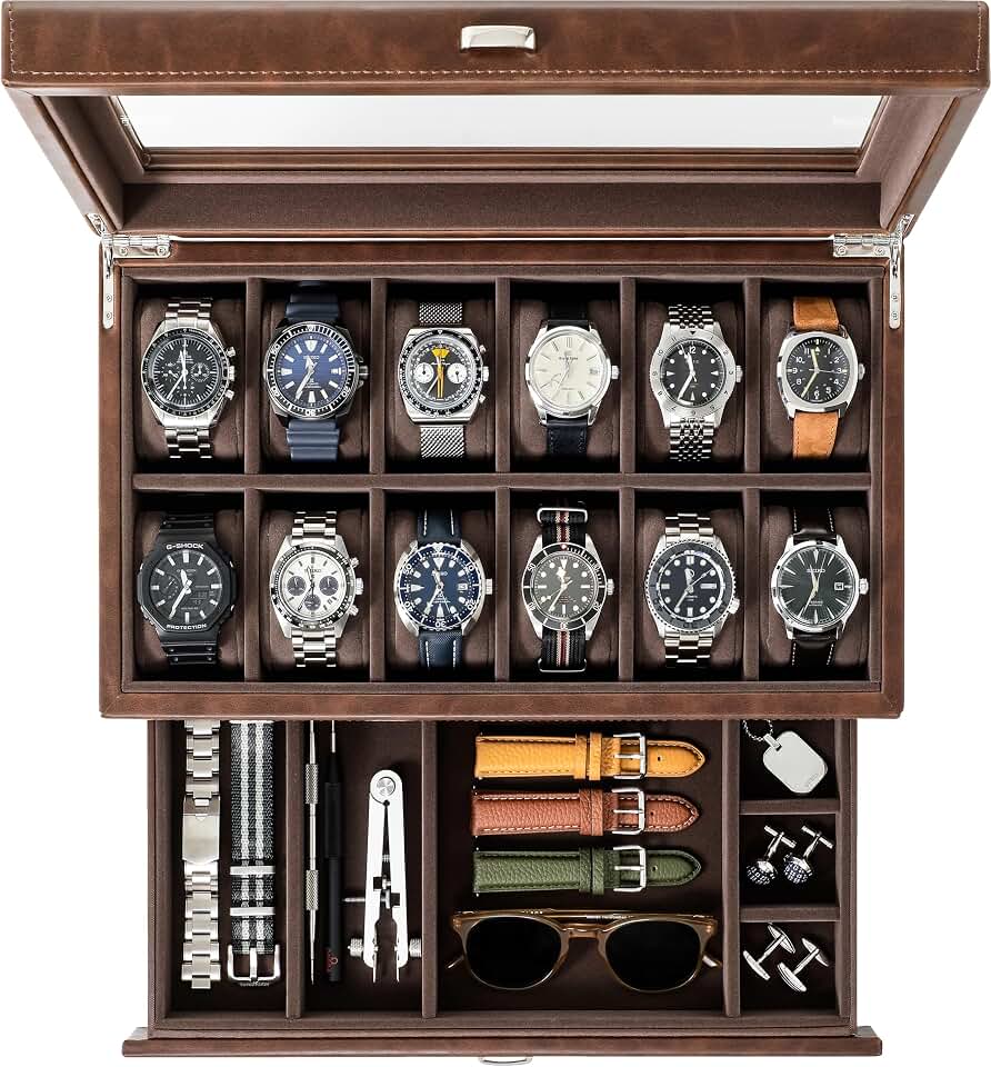 TAWBURY TAWBURY Watch Box for Men - 12 Slot Watch Case with Storage Drawer, Real Glass Display and 2-inch Wide Pillows for Large Watches (Brown)