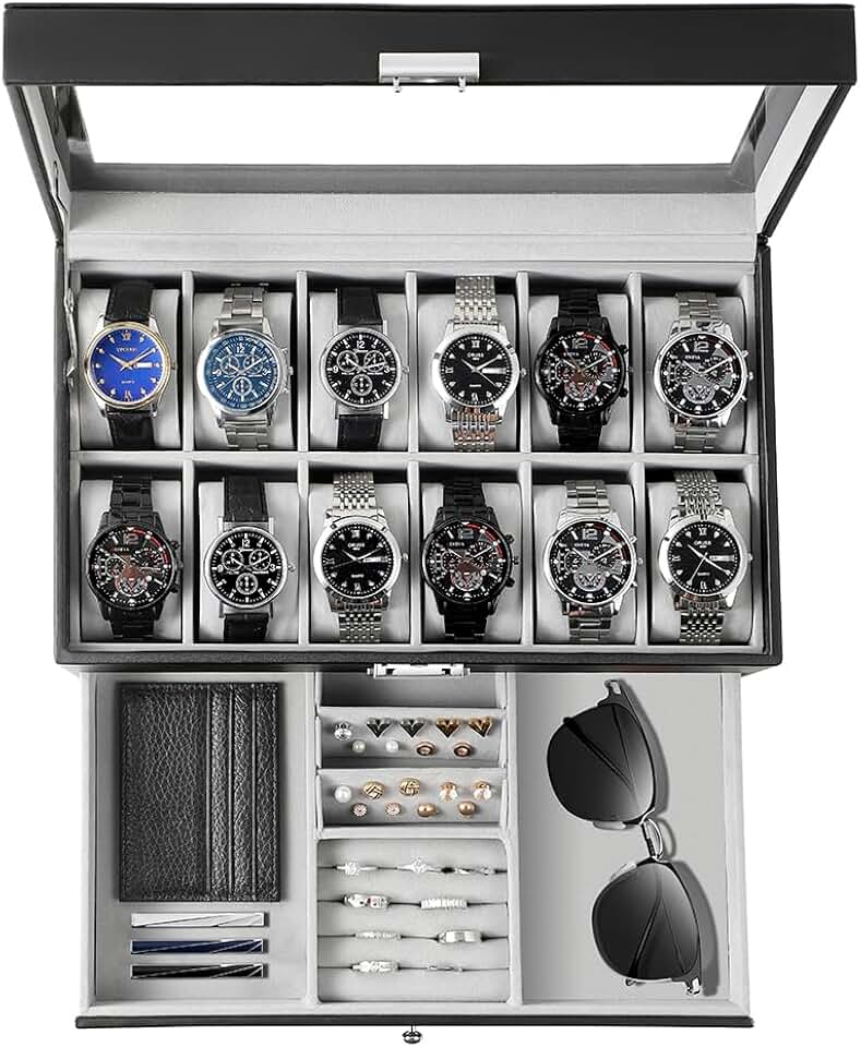 GUKA GUKA 12-Slot Watch Box Organizer with Glass Lid, 2-Tier Leather Case | 12 watch slots and a second tier store watches, rings, jewelry, sunglasses and accessories; a practical gift for men.