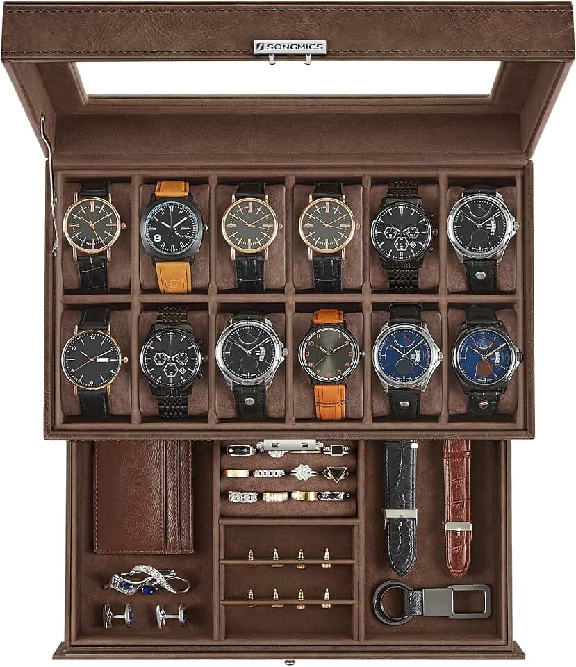 SONGMICS SONGMICS 12-Slot Watch Box, Lockable with Glass Lid, 2 Layers Watch Case | For Rings, Bracelets, Gift Idea, Tan PU Leather, Tan Lining, BRIDIE Collection, UJWB012K01