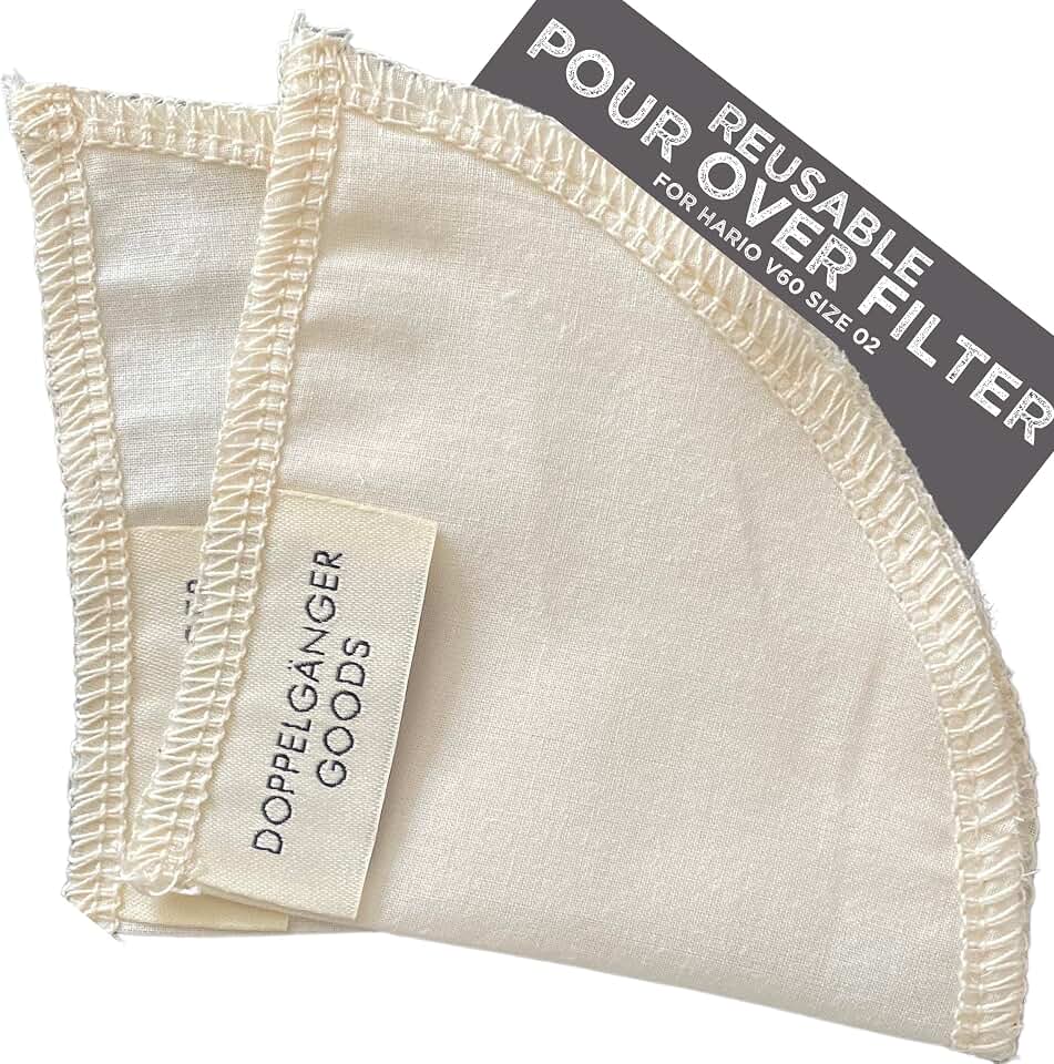 Reusable Cotton Pour Over Filter 2-Pack Hario V60 02 2-4 Cups Chemex Kalita | Multi-brewer compatible; replaces paper filters; drip-through cloth unlocks natural oils &amp; flavor; 200+ uses; unbleached