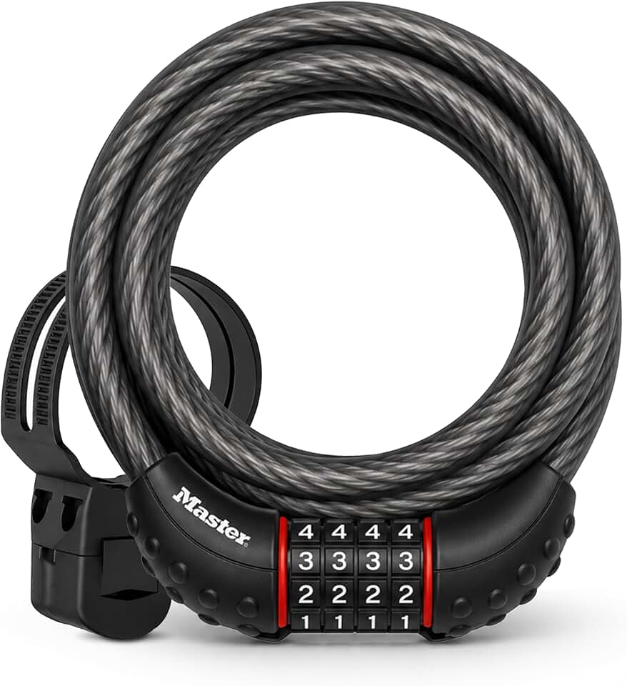 Master Lock 6 ft Cable Bike Lock 4-Digit Combination 1/2 in Diameter 8122D | Set Your Own Combo Vinyl-Coated Braided Steel Lock Protects Bicycles, Scooters, Outdoor Equipment from Theft