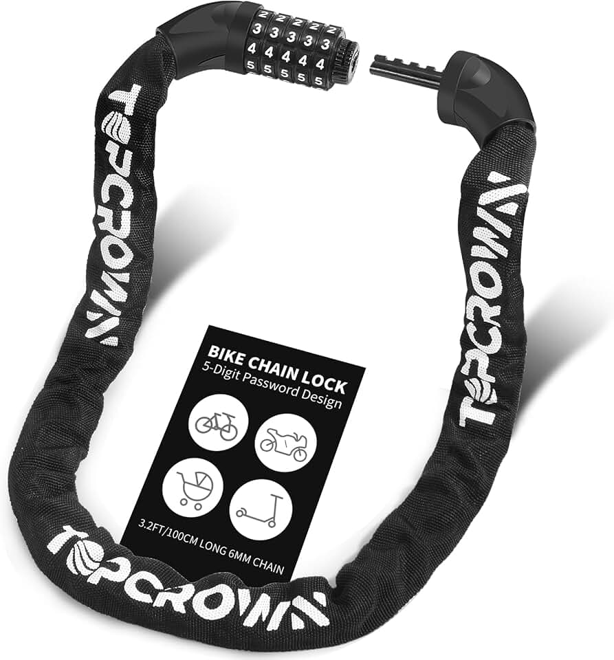 Topcrown Bike Chain Lock 5 Digit Combination Bicycle Lock (Black) | 3.2Ft Long, High Security Heavy Duty Anti Theft, Resettable Keyless Bike Lock for Electric Scooter/Ebike/Motorcycle