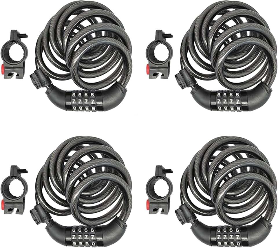 SEPOX® 6FT Cable Combination Bike Lock + Bracket, 4 Digit Retractable, 4Pcs | For Bike, Scooter, Gate, Outdoor Equipment, Heavy Duty 12mm Diameter Cable, Weatherproof Security Lock, Anti-Theft Anti-Rust