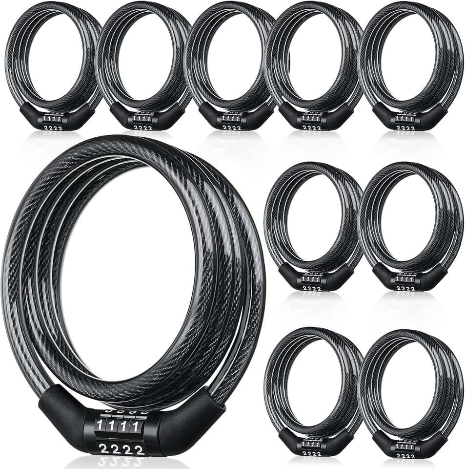 Hotop 10Pcs 4 Ft Bike Lock Cable Combination,Preset Bike Lock High Security | Bike Lock Combo,4 Digit Bicycle Cable Locks Bulk, for Bicycle Security, 5/6 Inch, Coiled Design, Anti Theft,Bikes Accessories