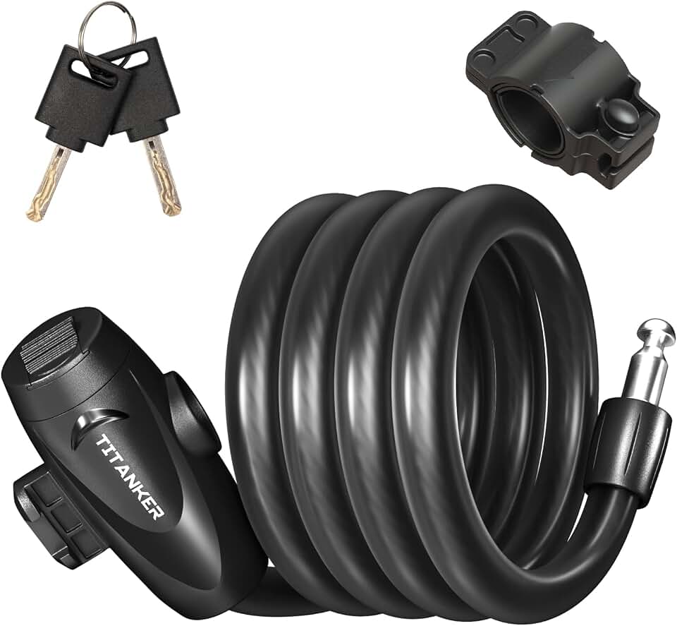 Titanker Bike Lock, 1/2 Inch Thick Bike Lock Cable Coiled Secure Bicycle Lock with Keys Scooter Lock Bike Locks Heavy Duty Anti Theft Bike Cable Lock with Mounting Bracket (4Feet, 6 Feet)