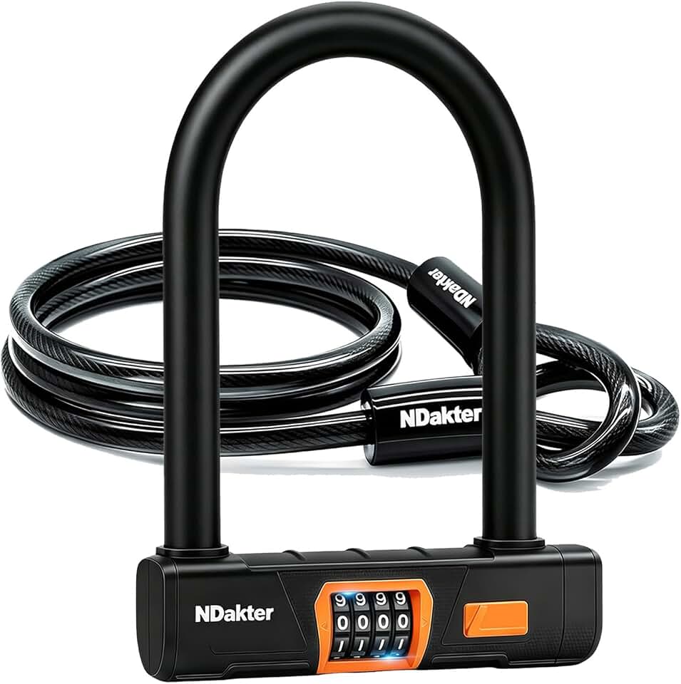 NDakter Bike Locks Heavy Duty Anti Theft, Combo Bike U Lock, 4-Digit Resettable Combination Bicycle Lock, Large U Shaped Ebike Lock with 5Ft Steel Cable for Electric Bike, Escooter, Motorcycle,Door